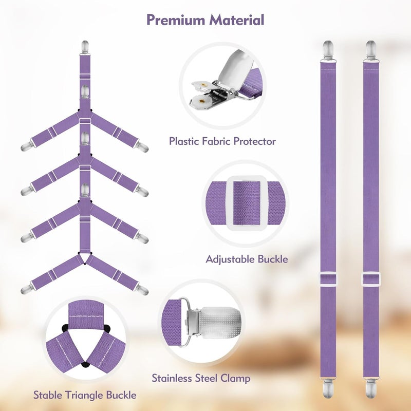 Eiruseed Bed Sheet Holder Straps, 4+2 Pcs Adjustable Mattress Sheet Clips, Bed Sheet Fasteners Elastic Sheet Suspenders to Keep Bed Sheet in Place for Different Beds (Purple) - Image 5